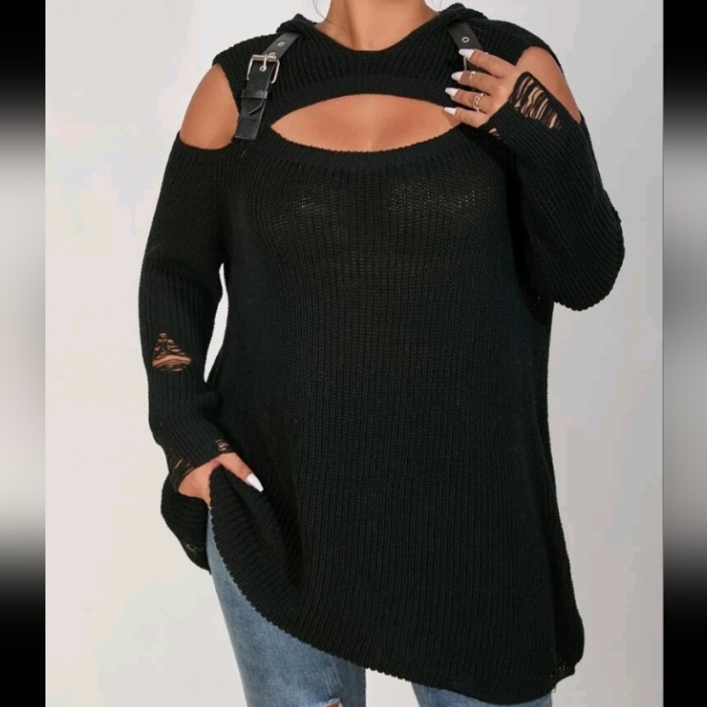 SHEIN Cold Shoulder Cut Out Ripped Hooded Sweater 2x(16)  *Runs Big*